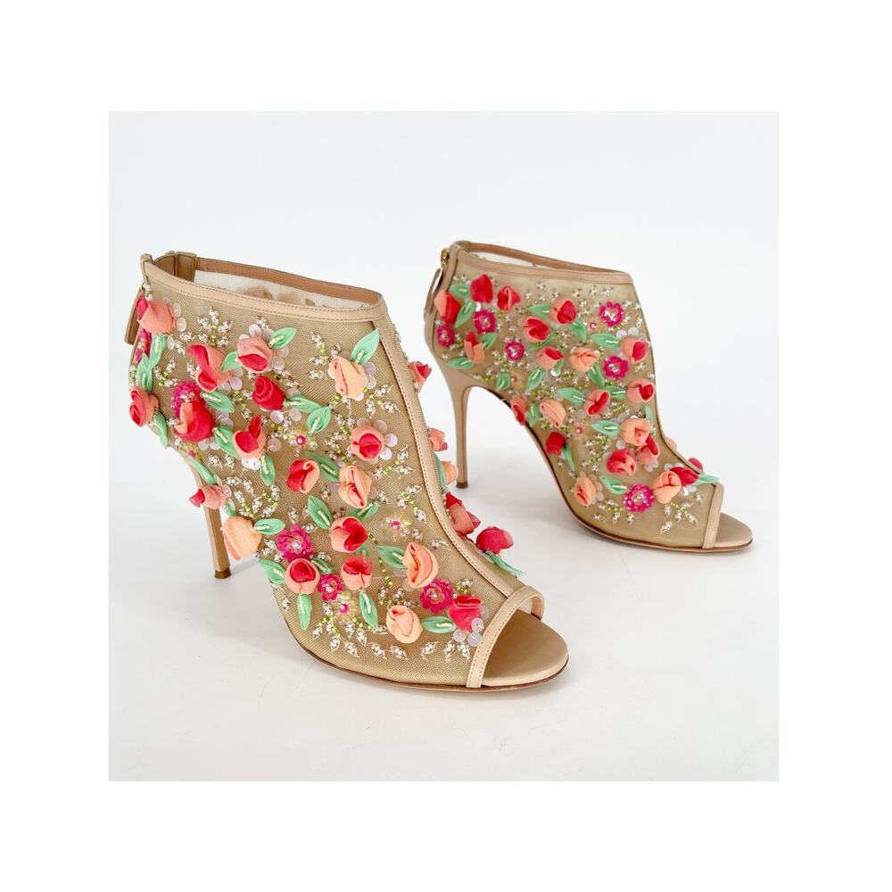 Manolo Blahnik Clizia Tan Mesh Bootie with Sequin and Floral Appliqué IT 40.5